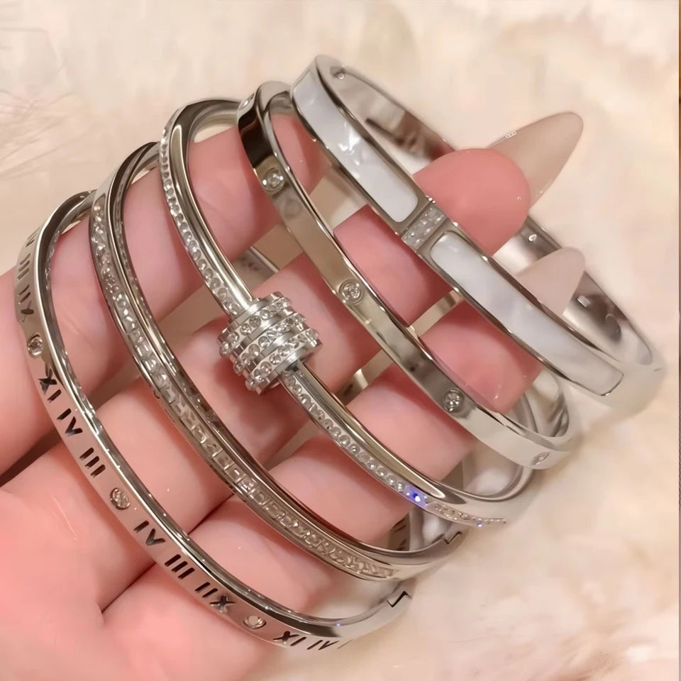 5 PULSERAS PLATEADAS CON CIRCONITAS ACERO INOXIDABLE CLÁSICO