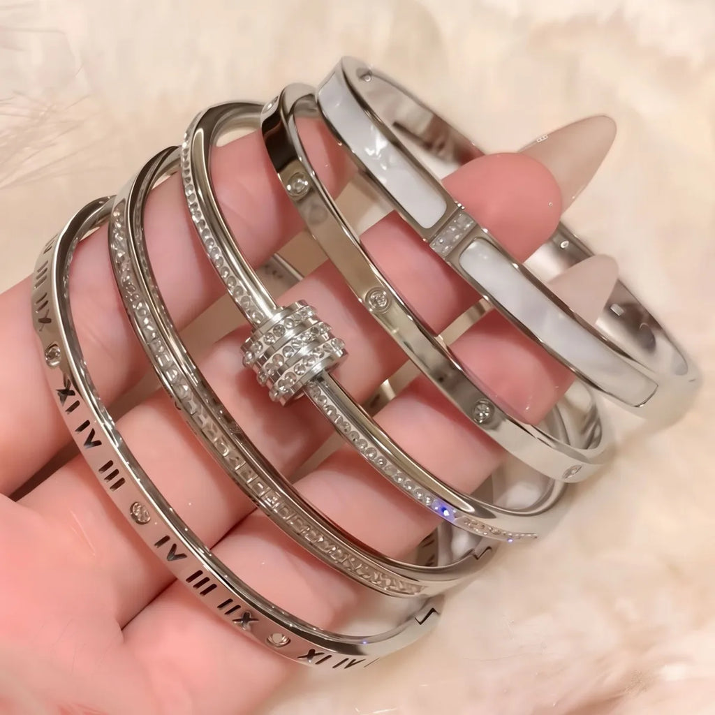 5 PULSERAS PLATEADAS CON CIRCONITAS ACERO INOXIDABLE CLÁSICO